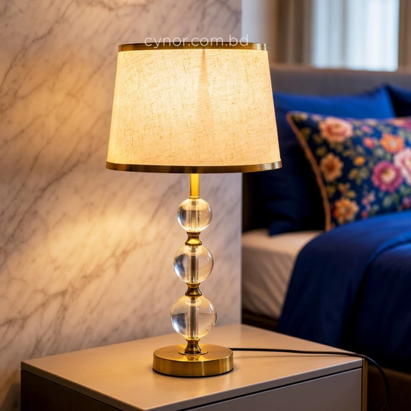 TL399-Golden Metal Body Stacked Glass Orb Design Table Lamp with Hardback Linen Fabric Shade (2)