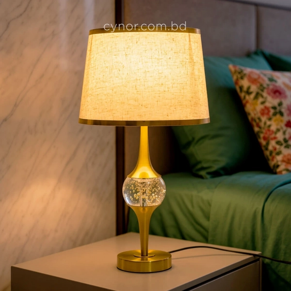 TL400-Golden Metal Body Seeded Bubble Glass Orb Design Table Lamp with Hardback Linen Fabric Shade (2)