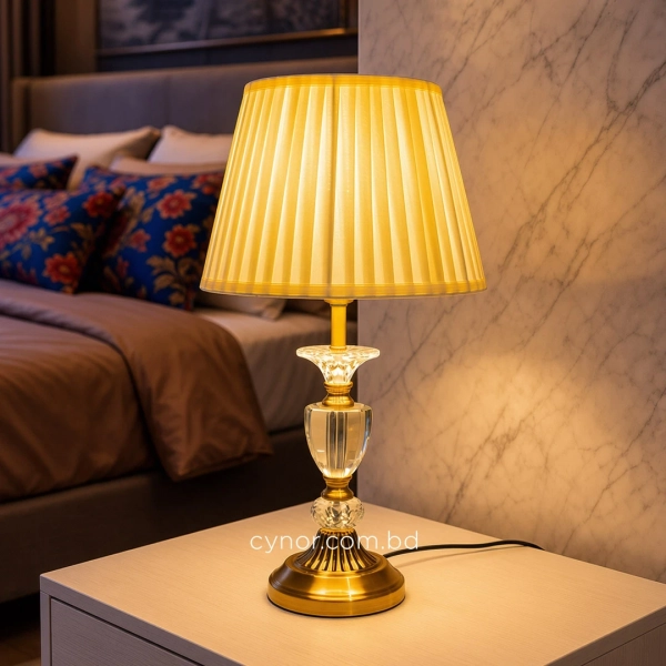 TL402-Golden Metal Body Cut Crystal Glass Accents Design Table Lamp with Cream Pleated Fabric Shade (2)