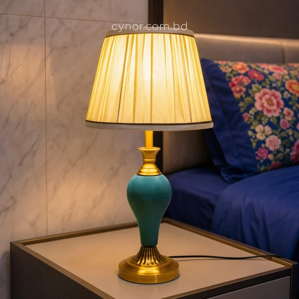 TL403-Teal Ceramic and Golden Metal Body Design Table Lamp with Cream Pleated Fabric Shade (2)