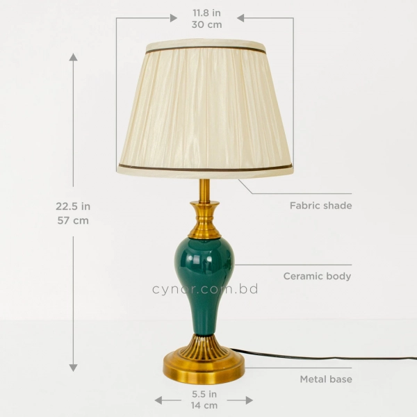 TL403-Teal Ceramic and Golden Metal Body Design Table Lamp with Cream Pleated Fabric Shade (3)