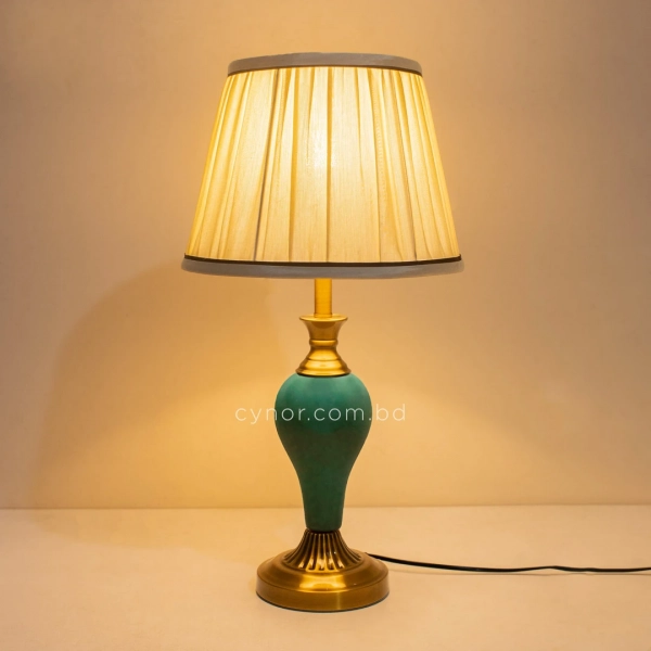 TL403-Teal Ceramic and Golden Metal Body Design Table Lamp with Cream Pleated Fabric Shade (4)