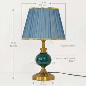 TL404-Green Ceramic and Golden Metal Body Table Lamp with Blue Pleated Fabric Shade (2)