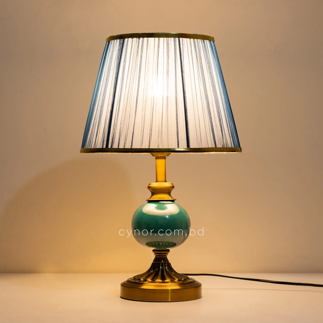 TL404-Green Ceramic and Golden Metal Body Table Lamp with Blue Pleated Fabric Shade (3) TL404-Green Ceramic and Golden Metal Body Table Lamp with Blue Pleated Fabric Shade (3)