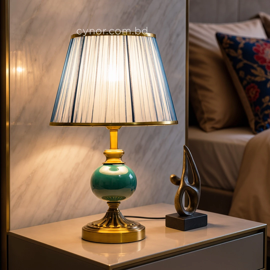 TL404-Green Ceramic and Golden Metal Body Table Lamp with Blue Pleated Fabric Shade (7) TL404-Green Ceramic and Golden Metal Body Table Lamp with Blue Pleated Fabric Shade (7)