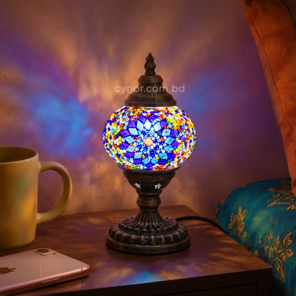 TL405-2-Compact Turkish Mosaic Lamp Blue Star Multicolor Glass Globe Antique Metal Brass Body (6)