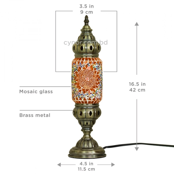 TL407-1-Orange Sunburst Turkish Mosaic Table Lamp Cylindrical Glass Bead Accents Brass Metal Body (7)