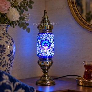 TL407-2-Blue Star Turkish Mosaic Table Lamp Cylindrical Glass White and Blue Bead Brass Metal Body (1)