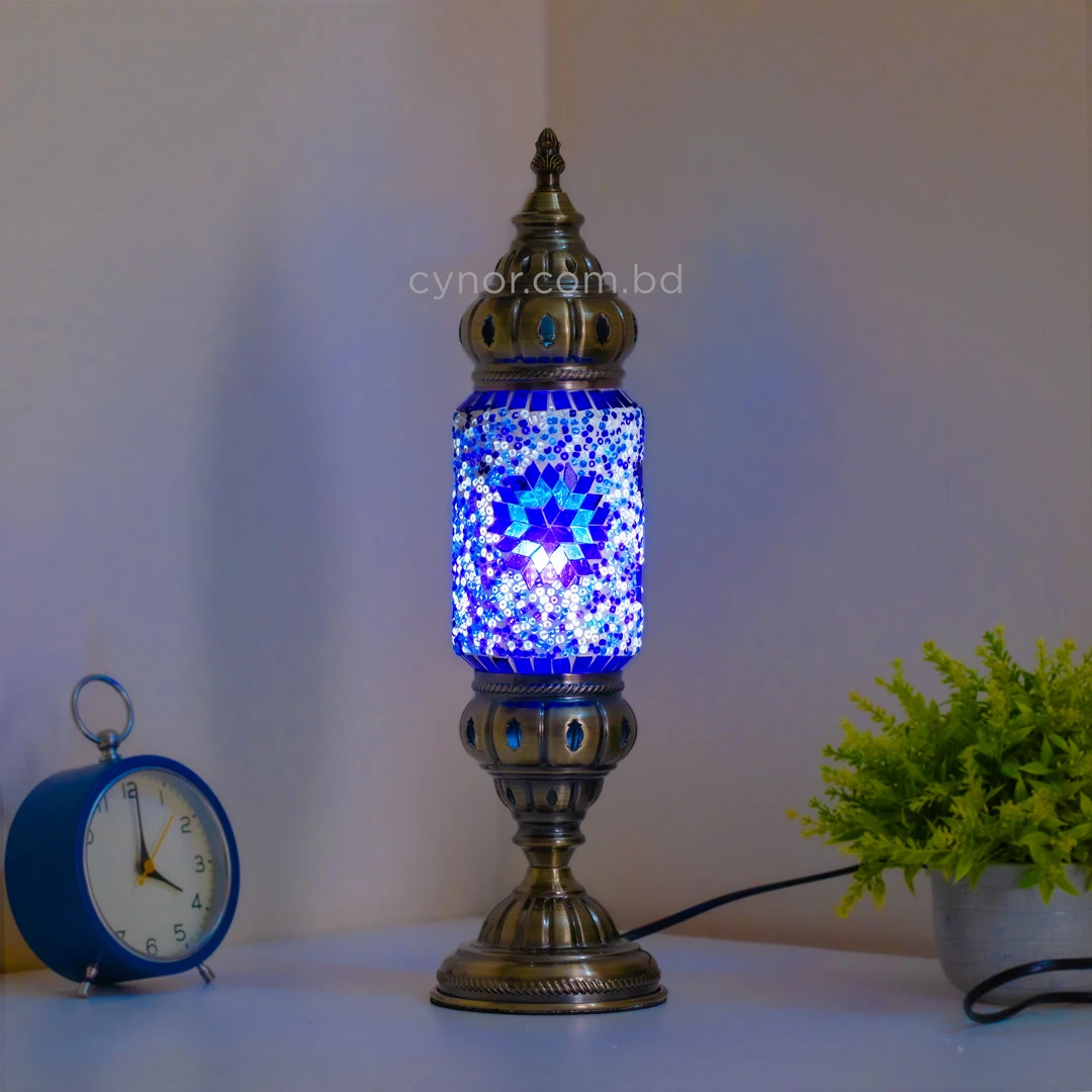 TL407-2-Blue Star Turkish Mosaic Table Lamp Cylindrical Glass White and Blue Bead Brass Metal Body (2) TL407-2-Blue Star Turkish Mosaic Table Lamp Cylindrical Glass White and Blue Bead Brass Metal Body (2)
