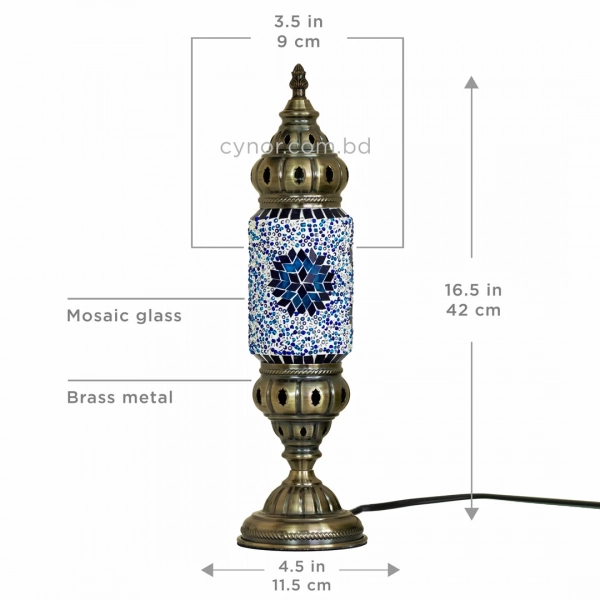 TL407-2-Blue Star Turkish Mosaic Table Lamp Cylindrical Glass White and Blue Bead Brass Metal Body (7)