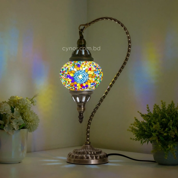 TL408-1-Multicolor Star Glass Globe Turkish Mosaic Swan Neck Table Lamp with Brass Metal Body (2)