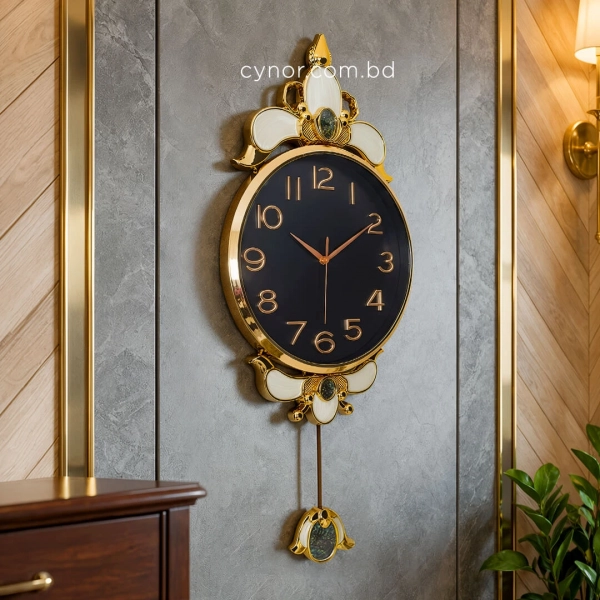 WC740-Black-Baroque Style Pendulum Wall Clock Black Dial Fiber Body with Golden Emerald like Jewel Accents (2)