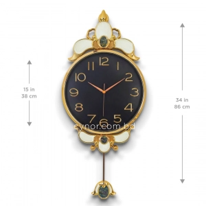WC740-Black-Baroque Style Pendulum Wall Clock Black Dial Fiber Body with Golden Emerald like Jewel Accents (3)