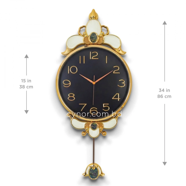 WC740-Black-Baroque Style Pendulum Wall Clock Black Dial Fiber Body with Golden Emerald like Jewel Accents (3)