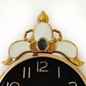 WC740-Black-Baroque Style Pendulum Wall Clock Black Dial Fiber Body with Golden Emerald like Jewel Accents (7)
