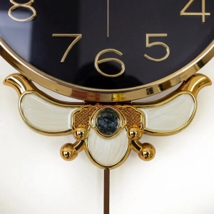 WC740-Black-Baroque Style Pendulum Wall Clock Black Dial Fiber Body with Golden Emerald like Jewel Accents (8)