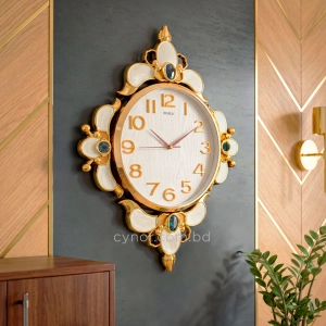 WC742-White-2-Baroque Decorative Wall Clock White Texture Dial Fiber Body Golden Emerald Jewel Accents (1)