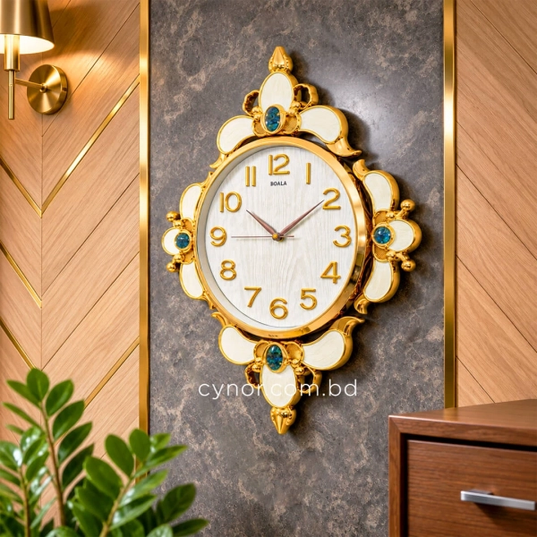 WC742-White-2-Baroque Decorative Wall Clock White Texture Dial Fiber Body Golden Emerald Jewel Accents (9)