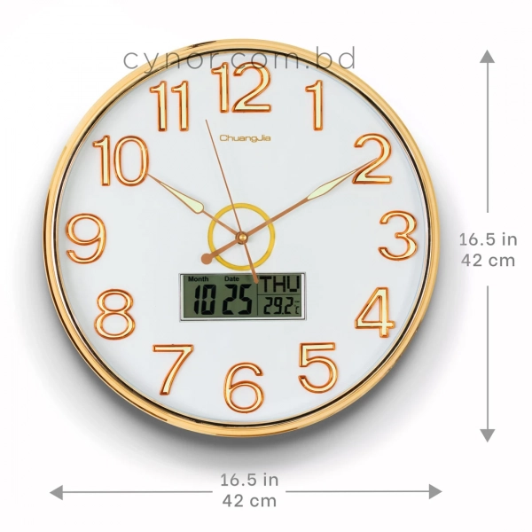 WC800-White-Executive White Dial Golden Fiber Frame Wall Clock with Radium Numerals Digital Calendar Display (2)