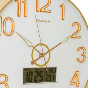 WC800-White-Executive White Dial Golden Fiber Frame Wall Clock with Radium Numerals Digital Calendar Display (5)