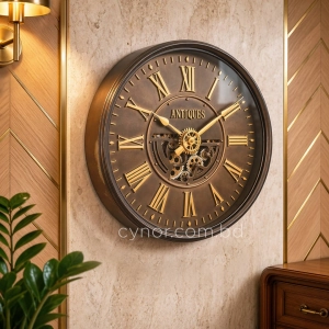 WC807-Vintage Rotating Gear Wall Clock in Distressed Antique Finish with Golden Roman Numerals (1)