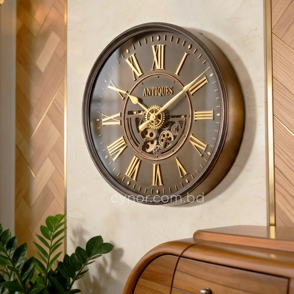 WC807-Vintage Rotating Gear Wall Clock in Distressed Antique Finish with Golden Roman Numerals (2)