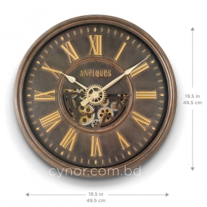 WC807-Vintage Rotating Gear Wall Clock in Distressed Antique Finish with Golden Roman Numerals (3)