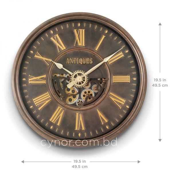 WC807-Vintage Rotating Gear Wall Clock in Distressed Antique Finish with Golden Roman Numerals (3)