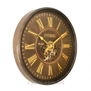 WC807-Vintage Rotating Gear Wall Clock in Distressed Antique Finish with Golden Roman Numerals (4)