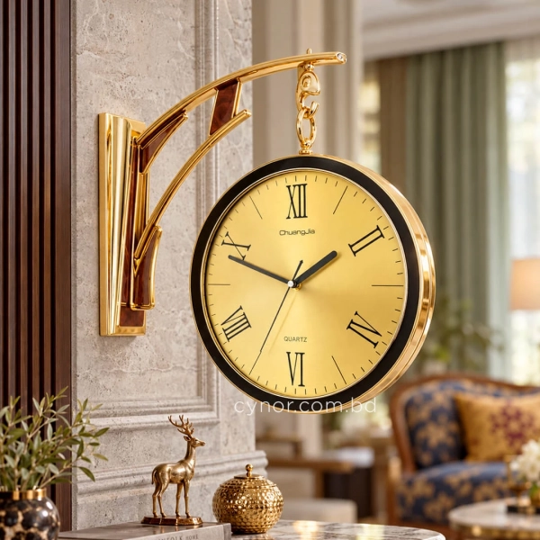 WC810-Golden-Art Deco Double Sided Station Wall Clock Champagne Golden and Black Bracket with Brushed Golden Dial (1)