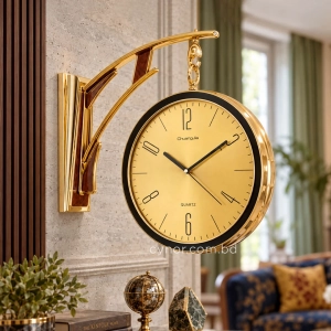 WC810-Golden-Art Deco Double Sided Station Wall Clock Champagne Golden and Black Bracket with Brushed Golden Dial (2)