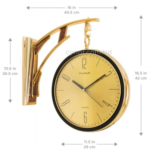 WC810-Golden-Art Deco Double Sided Station Wall Clock Champagne Golden and Black Bracket with Brushed Golden Dial (9)