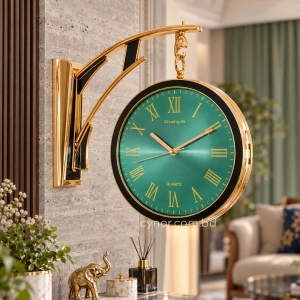 WC810-Green-Art Deco Double Sided Station Wall Clock Champagne Golden and Black Bracket with Emerald Green Dial (1)