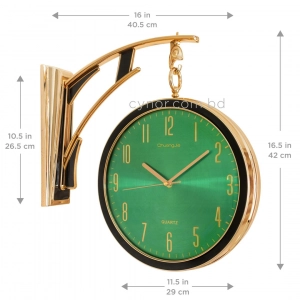 WC810-Green-Art Deco Double Sided Station Wall Clock Champagne Golden and Black Bracket with Emerald Green Dial (3)