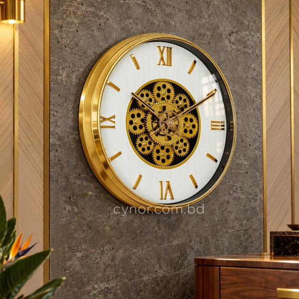 WC811-Modern Golden Rotating Gear Wall Clock with Textured White Dial and Raised Roman Numerals (1)