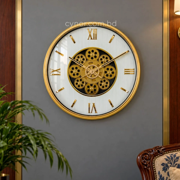 WC811-Modern Golden Rotating Gear Wall Clock with Textured White Dial and Raised Roman Numerals (2)