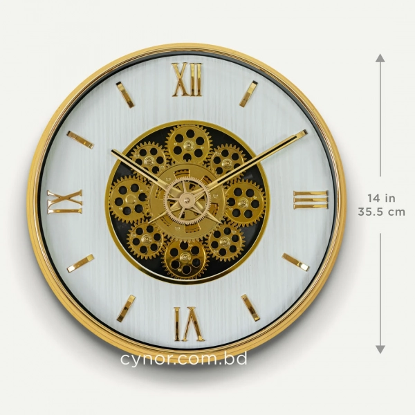 WC811-Modern Golden Rotating Gear Wall Clock with Textured White Dial and Raised Roman Numerals (3)