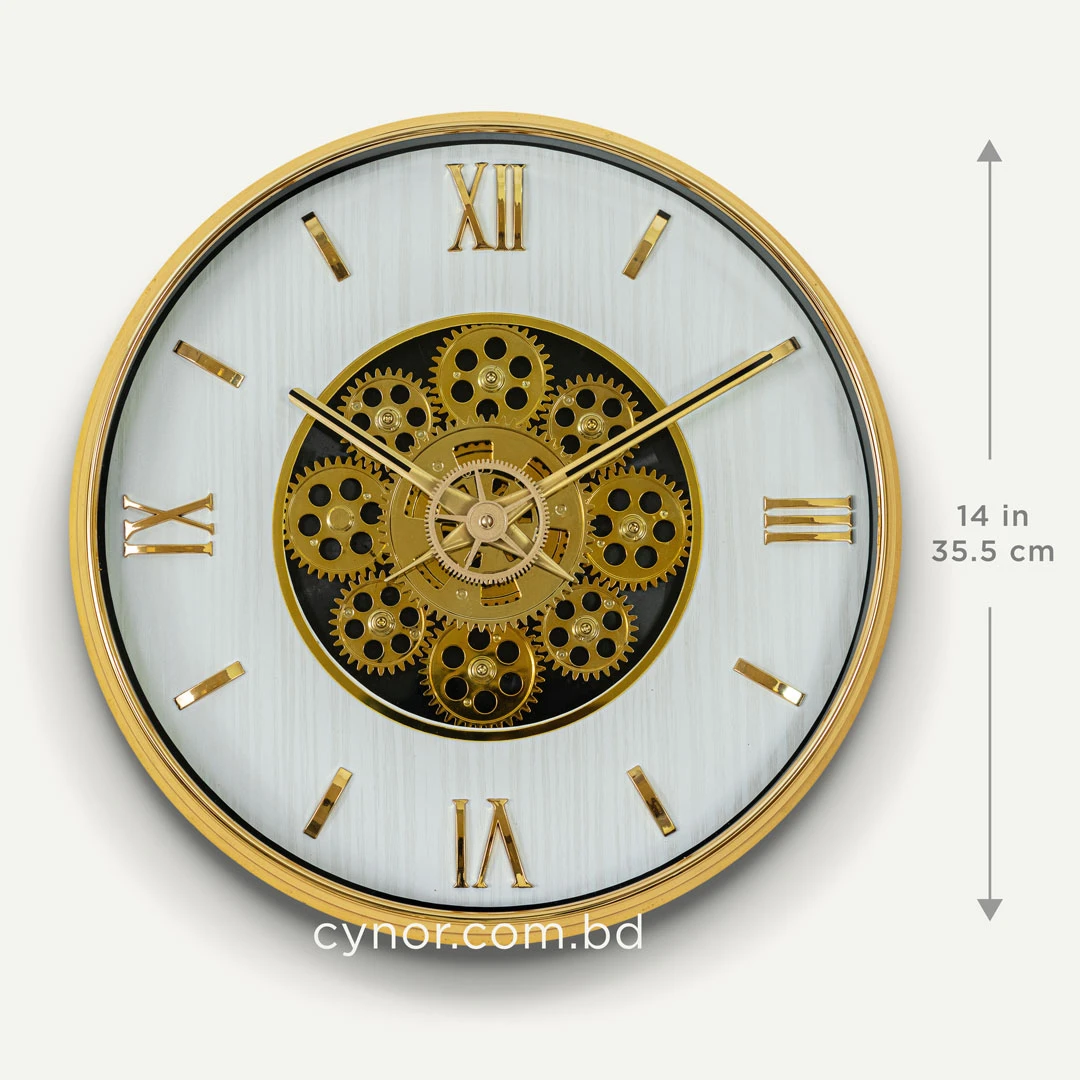 WC811-Modern Golden Rotating Gear Wall Clock with Textured White Dial and Raised Roman Numerals (3) WC811-Modern Golden Rotating Gear Wall Clock with Textured White Dial and Raised Roman Numerals (3)