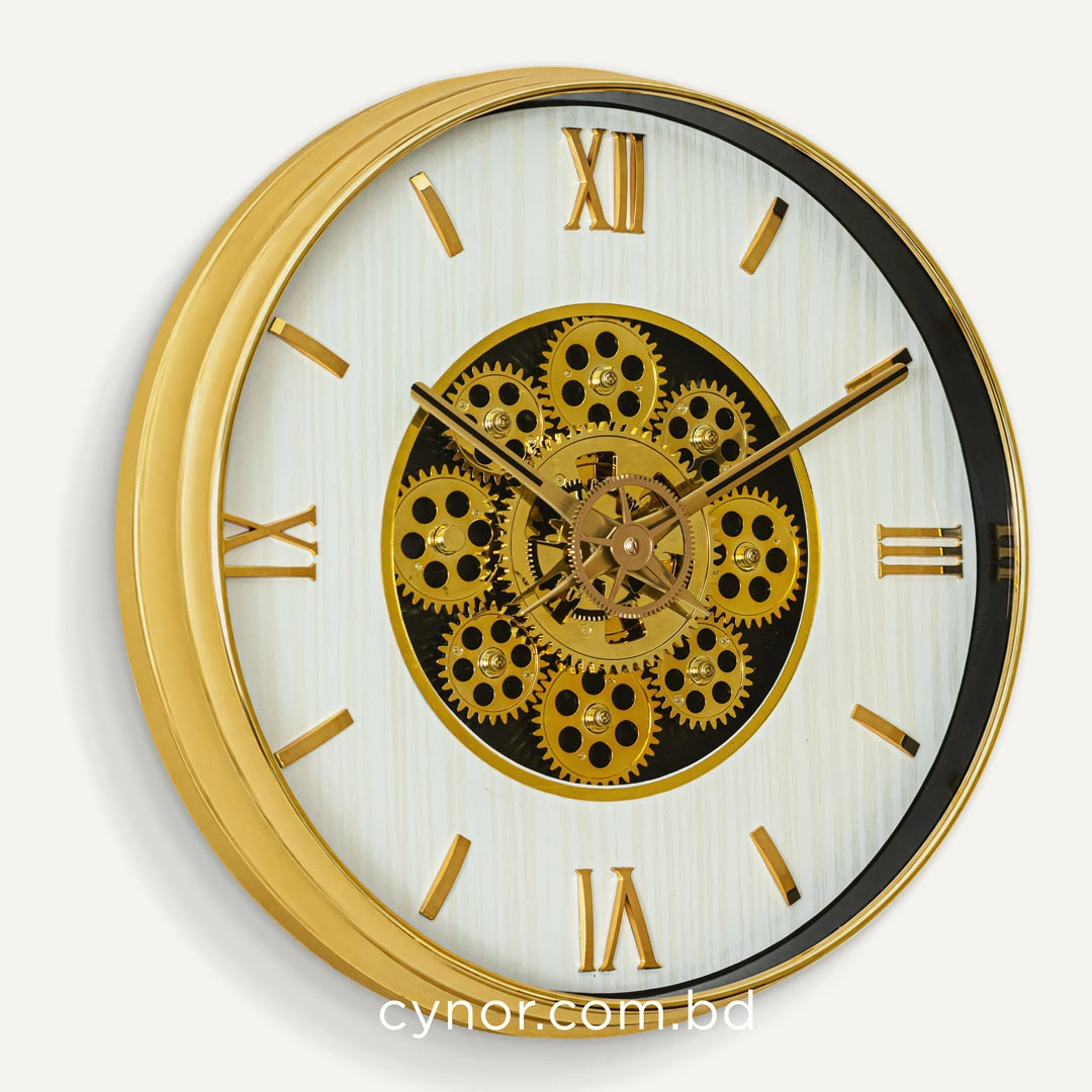 WC811-Modern Golden Rotating Gear Wall Clock with Textured White Dial and Raised Roman Numerals (4) WC811-Modern Golden Rotating Gear Wall Clock with Textured White Dial and Raised Roman Numerals (4)