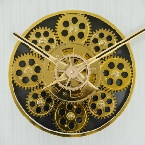 WC811-Modern Golden Rotating Gear Wall Clock with Textured White Dial and Raised Roman Numerals (5)