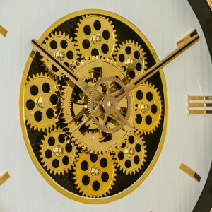 WC811-Modern Golden Rotating Gear Wall Clock with Textured White Dial and Raised Roman Numerals (6)