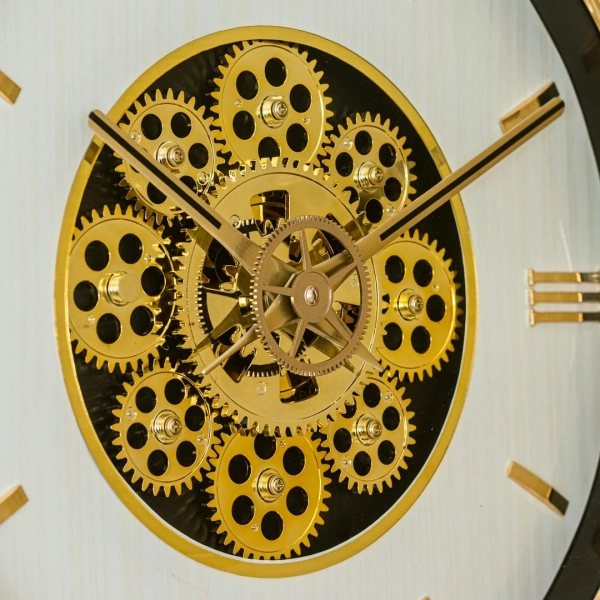 WC811-Modern Golden Rotating Gear Wall Clock with Textured White Dial and Raised Roman Numerals (6)