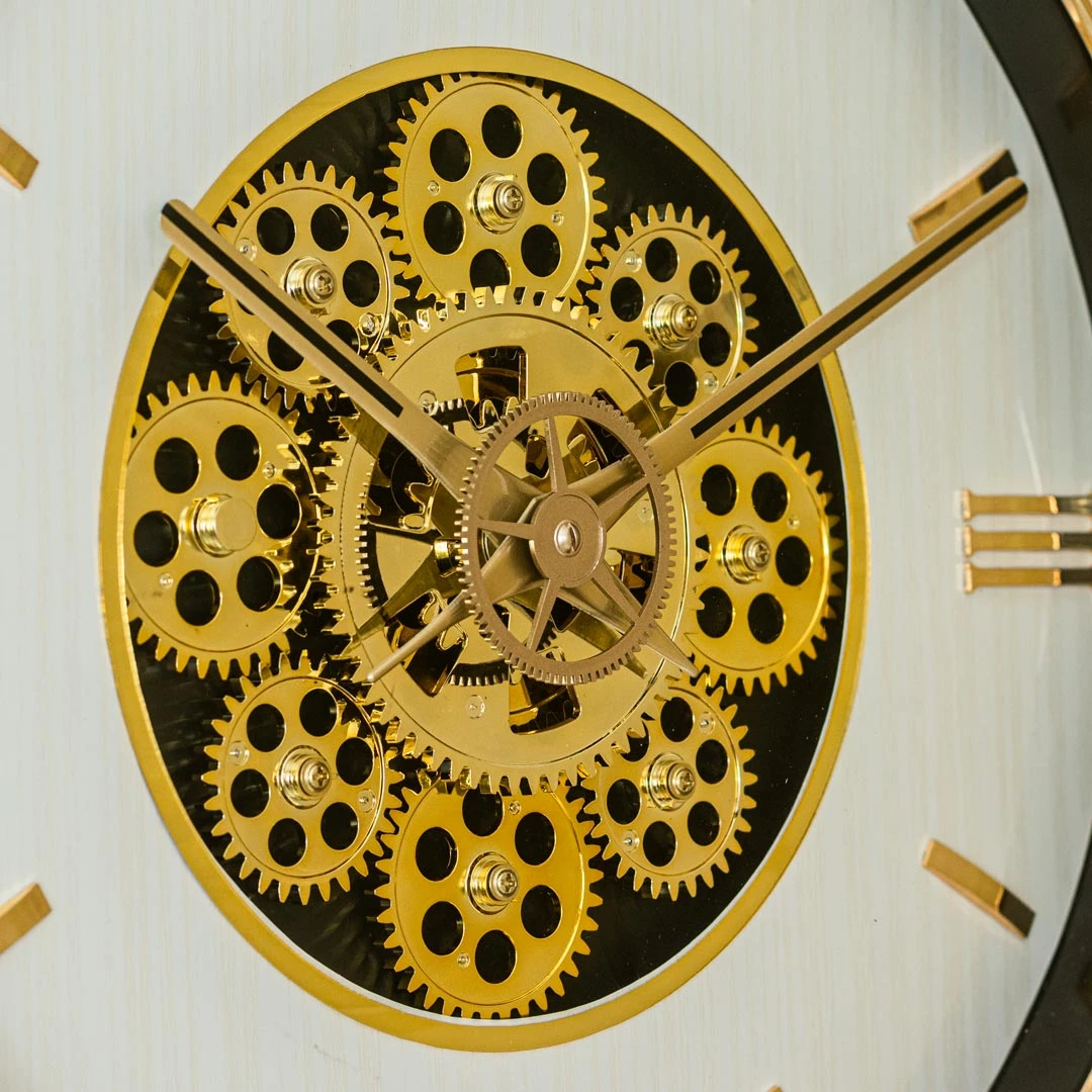 WC811-Modern Golden Rotating Gear Wall Clock with Textured White Dial and Raised Roman Numerals (6) WC811-Modern Golden Rotating Gear Wall Clock with Textured White Dial and Raised Roman Numerals (6)