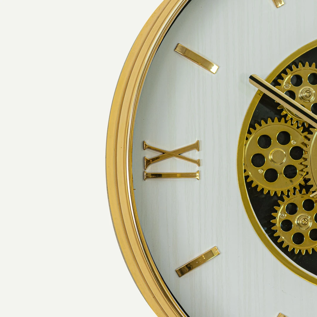WC811-Modern Golden Rotating Gear Wall Clock with Textured White Dial and Raised Roman Numerals (7) WC811-Modern Golden Rotating Gear Wall Clock with Textured White Dial and Raised Roman Numerals (7)
