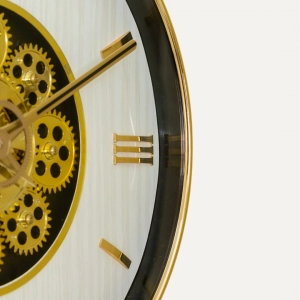 WC811-Modern Golden Rotating Gear Wall Clock with Textured White Dial and Raised Roman Numerals (8)