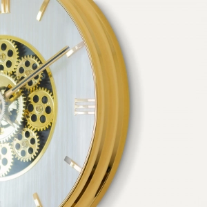 WC811-Modern Golden Rotating Gear Wall Clock with Textured White Dial and Raised Roman Numerals (9)