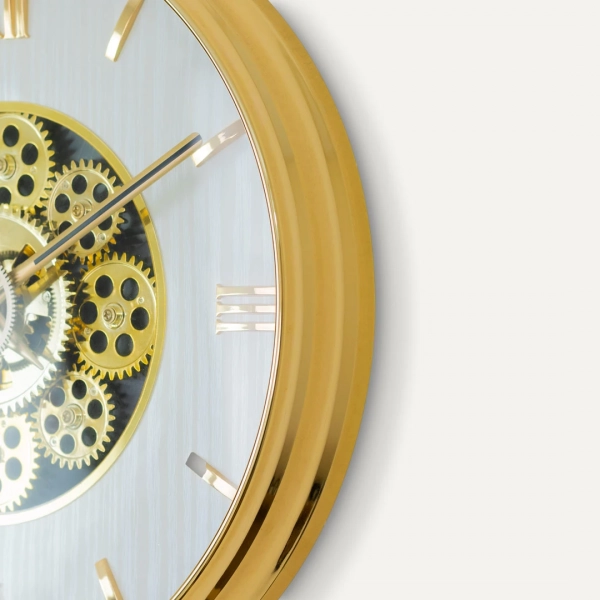 WC811-Modern Golden Rotating Gear Wall Clock with Textured White Dial and Raised Roman Numerals (9)
