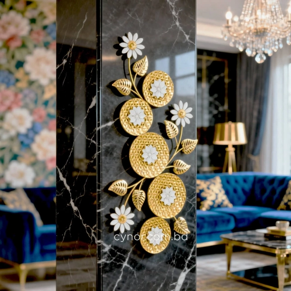 WR744-Golden Textured Medallion and White Floral Metal Stainless Steel Wall Decor (2)