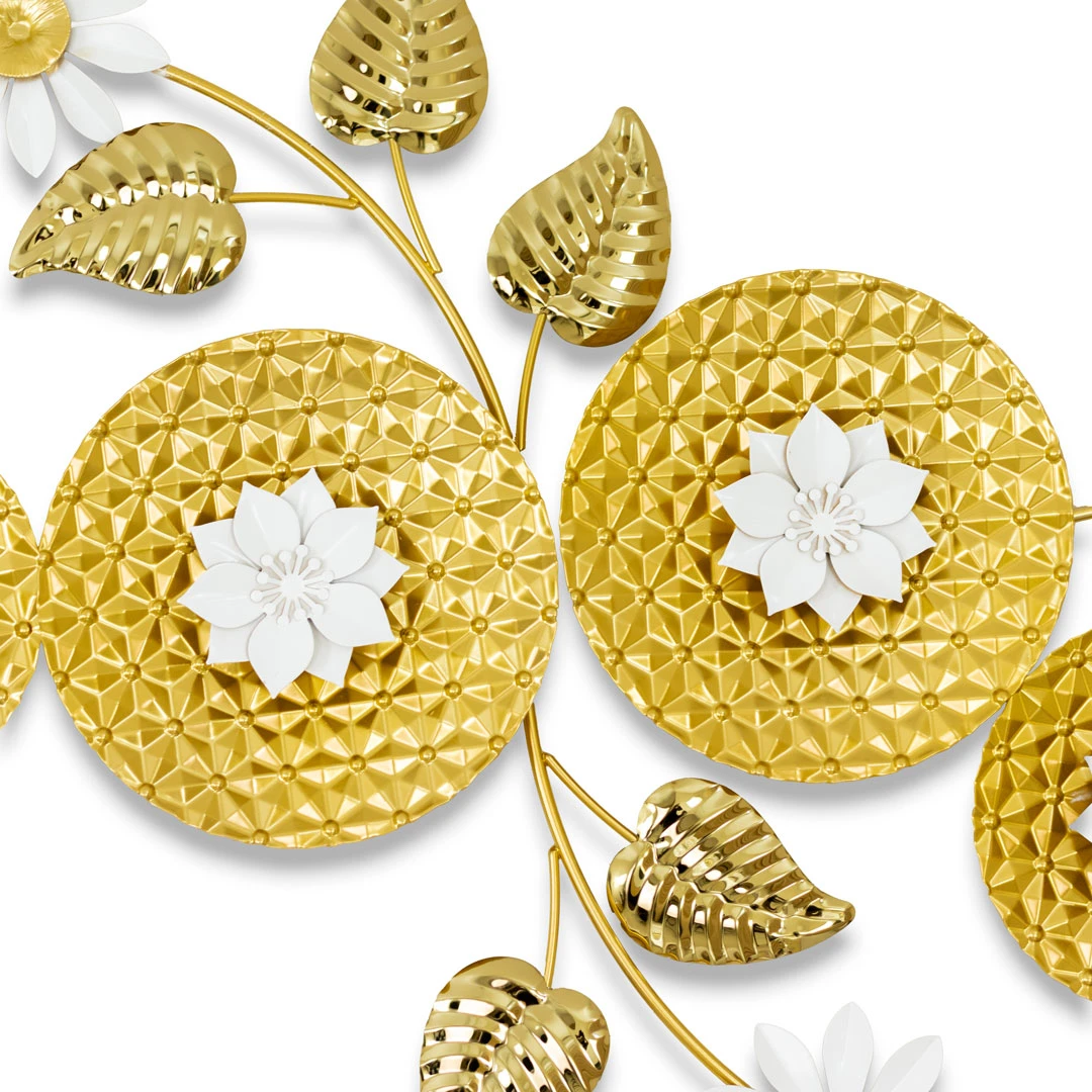 WR744-Golden Textured Medallion and White Floral Metal Stainless Steel Wall Decor (7) WR744-Golden Textured Medallion and White Floral Metal Stainless Steel Wall Decor (7)