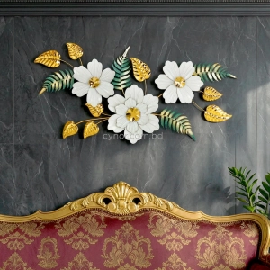 WR745-White Floral Blossoms with Stainless Steel Golden Leaves and Emerald Fern Metal Wall Decor (1)